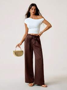 SHEIN Tall 女式休闲百搭纯色直筒正装裤 - 棕色 - 查看 7