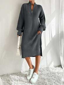 EURMUSE Damen Strickkleid mit Reißverschlussdetail - Dunkelgrau - Übersicht 8