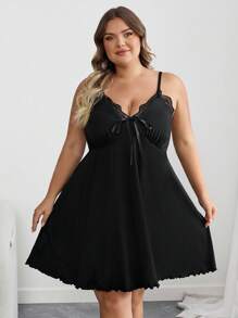 SHEIN CURVE+ Váy liền thân cổ vá ren đen cỡ lớn cho nữ cỡ lớn - màu đen - Xem 6