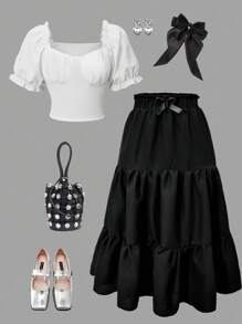 2 件套青少年女孩可变式露肩泡泡袖上衣和蝴蝶纹理长裙套装，适合外出和度假 - 白色 - 查看 1