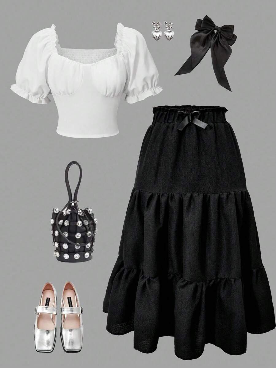 2 件套青少年女孩可变式露肩泡泡袖上衣和蝴蝶纹理长裙套装，适合外出和度假 - 白色 - 查看 1