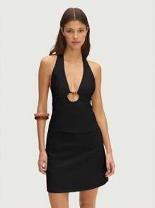 Nöista Natural Comfortable Halter Sleeveless Tank Top Front Decoration Is Perfect For Any Spring! - Black - View 3