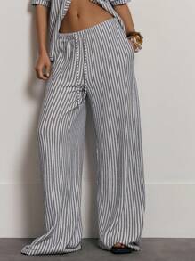 MUSERA Stripe Drawstring Wide Leg Trousers Cute Summer Holiday Vacation Casual Sexy Elegant Beach Classy Only Collective Office Attire For Women, Office Wear Women
