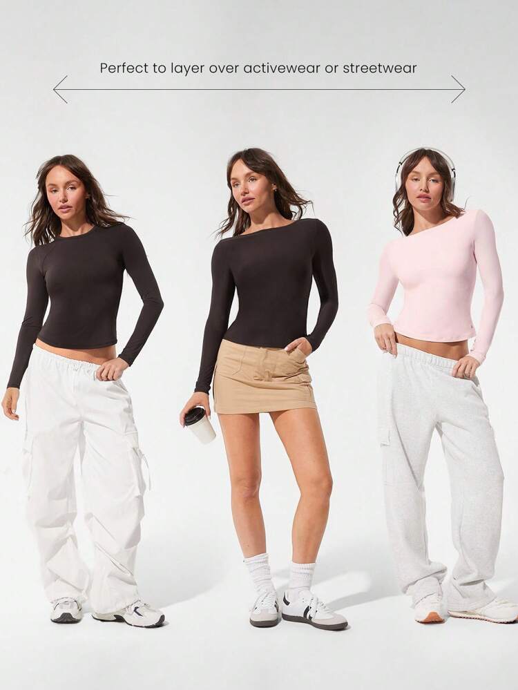 Flow & Glow Soft Stretchy Lightweight Slim Fit Double Layer Reversible Scoop Neck Long Sleeve Top Base Layer Daily Casual Wear