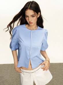 INAWLY 夏季休闲纯色简约泡泡袖衬衫，可爱上衣 - 藍色 - 查看 3