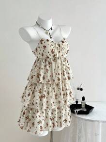 Elamini Women's Casual Vacation Dress, Drawstring Tie, Embroidered Fabric - Apricot - View 3