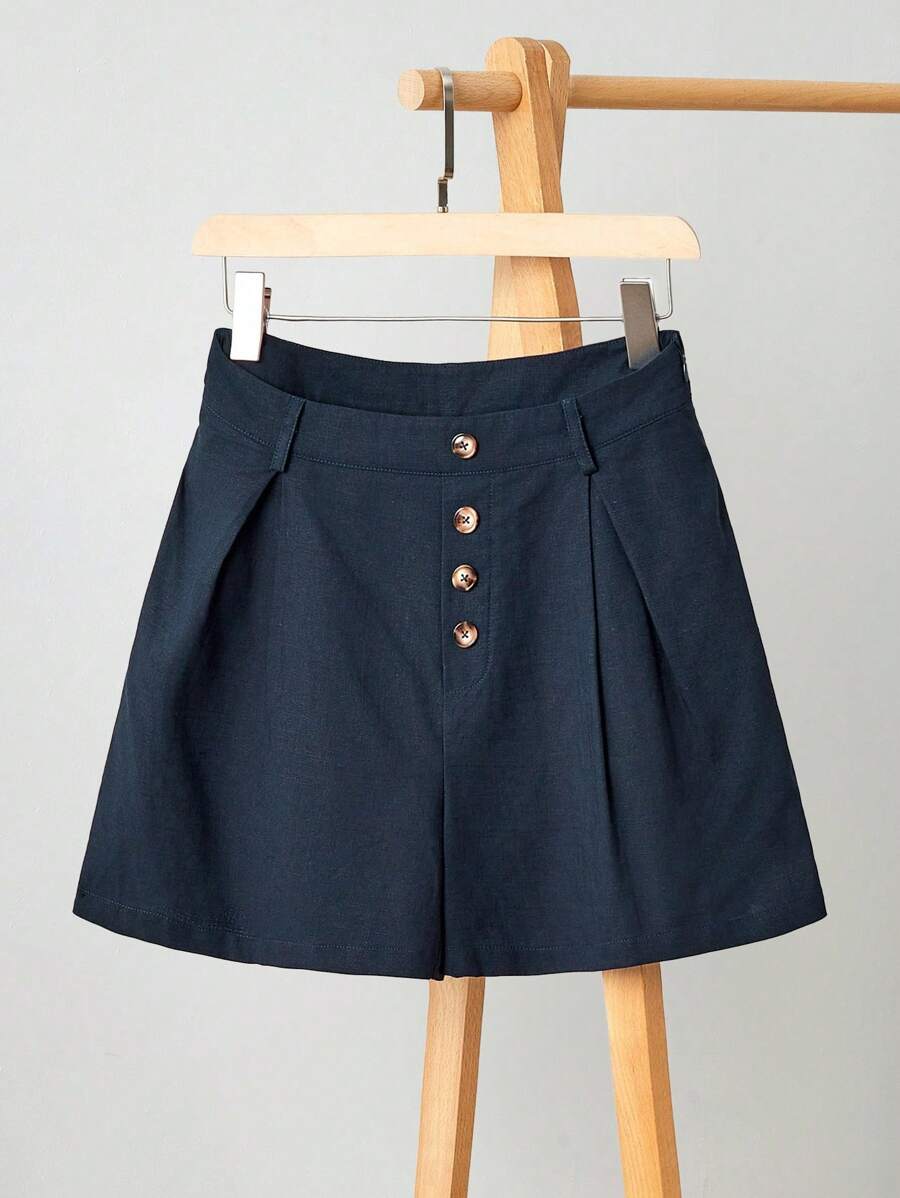 Uhlyne Women's Casual Elegant Button Detail Linen A-Line Wide Leg Shorts, Solid Color, Suitable For Daily Commute And Work