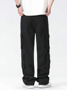 Teen Boy Casual Black Straight Leg Cargo Jeans Thanksgiving , School, Campus, College Chic For Autumn/Winter Fall - Black - View 2