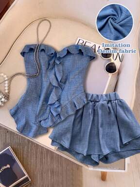 GlowEve 2pcs/Set Women Strapless Asymmetric Ruffled Elegant Top And Pants