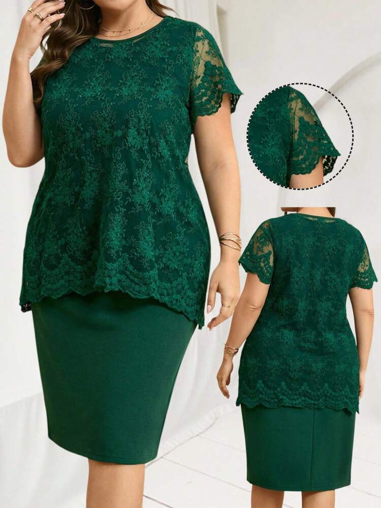 Plus Size Summer Elegant Solid Color Lace Patchwork Dress Women Plus Clothing Business Casual Women Dresses Birthday Women Casual Dress Women Birthday Women Clothes Plus Size Green Dress, Teacher For Women, Elegant Dresses For Women, Fall Women Clothes, Dresses For Women Party, Business Casual Women, Spring