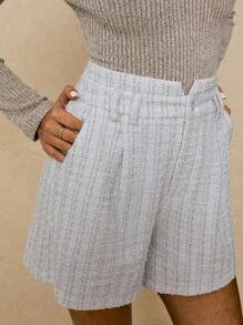 Poéselle Women High Waist Pleated Relaxed Elegant Shorts - White - View 3