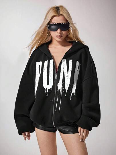 Shutterstock Boheris Women's Black Letter Print Front Zipper Short Hoodie Sweatshirt, Streetwear Hoodies Y2k Oversized Hoodie Women Graphic Hoodies Women Summer Hoodie Oversized Sweatshirt Woman Oversized Hoodies Women Y2k Hoodies Oversized Sweatshirts Women Punk Hoodies