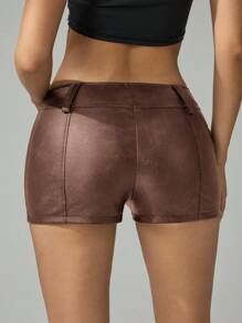 SHEIN Tall Women's Solid Color Zipper Placket Fashion Versatile Shorts - Mocha Brown - View 2