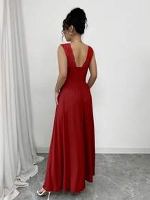 SHEIN Raffinéa Váy xẻ chữ A không tay, cổ chữ V, viền ren thanh lịch kiểu Pháp, eo nhún, màu kaki, mặc thường ngày, dự tiệc, cưới, xuân/hè - Đỏ - Xem 2