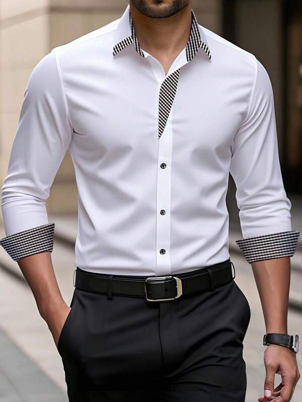 Manfinity Bizformal Men's Business Casual Daily Button-Up Plaid Patchwork Shirt