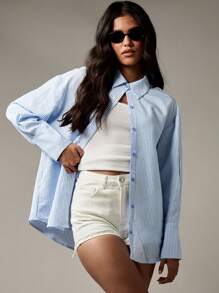 MISSGUIDED 条纹纽扣衬衫，背面带花卉印花，商务休闲办公室装，长袖，春夏专业工作服 - 藍色 - 查看 2