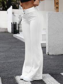 SHEIN EZwear 女士高腰喇叭腿白色牛仔裤 - 白色 - 查看 5