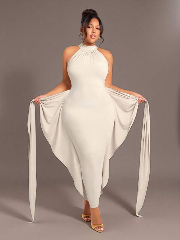 SHEIN SXY Große Größen Damen einfarbiges Kleid mit Taillen Twist Design, figurbetont, elegant mit Halter Ausschnitt, für Frühling/Sommer