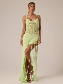 Musera Resort Đầm maxi ôm sát, đan móc, đính cườm và tua rua, thích hợp cho kỳ nghỉ hè ở Ibiza, phong cách thanh lịch, dễ thương, thích hợp cho lễ hội bãi biển, tiệc tùng, phong cách boho, đồ đi biển, trang phục nghỉ lễ, trang phục mùa hè, mùa xuân. - Màu xanh chanh - Xem 5