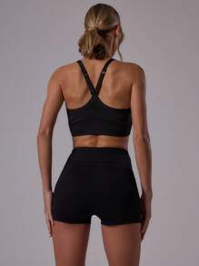 Musera Sport 运动交叉肩带修身露脐吊带背心，适合运动健身、夏季板式网球俱乐部和健身房穿着。 - 黑色 - 查看 4