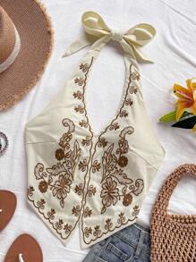 Soleia 波西米亚风格女式无袖工字背短款上衣，带花卉刺绣，系带露背设计，适合音乐节 - 彩色 - 查看 8