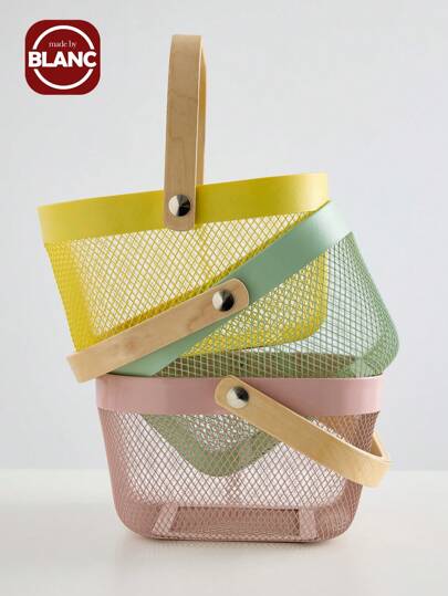 1 pieza Cesta de almacenamiento rosa, amarilla y verde con asa de madera, asa de hierro artístico hueco para ropa, frutas y verduras, cesta de almacenamiento portátil para exteriores