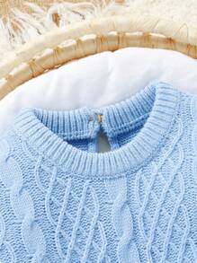 SHEIN Barboteuse tricotée bleu décontractée pour bébés, combinaison une pièce à manches longues, portée quotidienne minimaliste et polyvalente, tenue de bébé confortable - Bleu azur - Voir 3