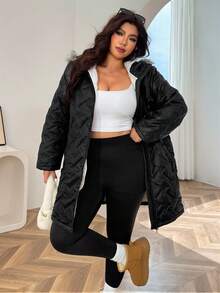 SHEIN EZwear 女士加大码长袖拉链前拼接毛茸茸连帽休闲冬季夹克 - 黑色 - 查看 1