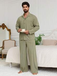 DAZY Geometric Textured Green Shirt + Men Home Wear Set, Spring/Summer Fall,Winter Clothes Pajama - Multicolor - View 4