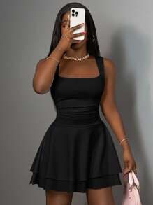 Slaydiva 2026 Spring & Fall New Arrival Vacation Casual Romantic Basic Street Everyday Sexy Elegant Office Party Clubwear Pure White Sleeveless V-Neck Layered Short Dress For Plus Size Women,Back To School,Wedding Guest Dress Women - Black - View 5