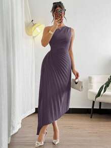 Modelyn 女士时尚优雅不对称荷叶边下摆中长连衣裙 - 紫色 - 查看 5