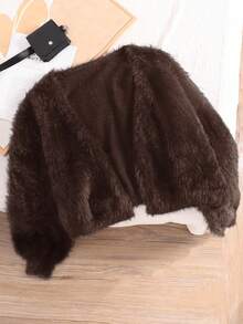 CosyJoli Suéter de mujer talla grande con hombros descubiertos, de peluche y corto, para otoño/invierno - Marrón - Ver 3