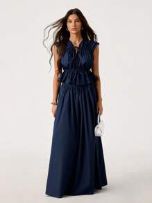 SHEIN Tall 2pcs/Set Women Navy Comfort Vacation Casual Commute Drawstring Top & Ruched Skirt Set - Navy Blue - View 3