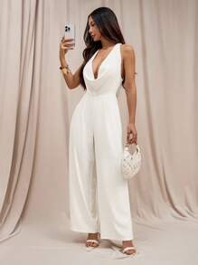 SHEIN PETITE 女士纯色露背无袖连体裤 - 白色 - 查看 7