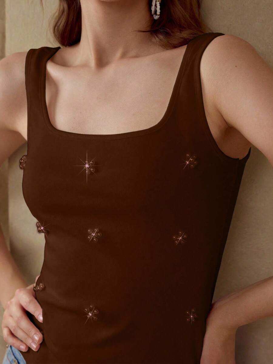 MOTF PREMIUM FAUX PEARL SQUARE NECK TANK TOP - Mocha Brown - View 2