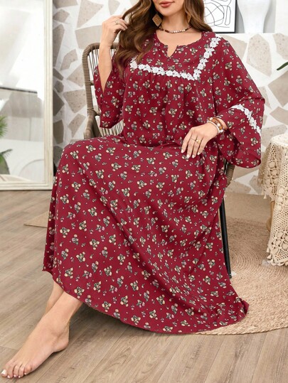 Serenescape Plus Size Women Casual Floral Embroidered Decor Round Neck Plus Size Nightgown, Moo Moo, For Fall & Winter, Cozy Outfits