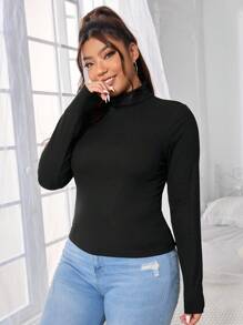 SHEIN PETITE CURVE 大码圆领纯色罗纹长袖休闲立领T恤 - 黑色 - 查看 4
