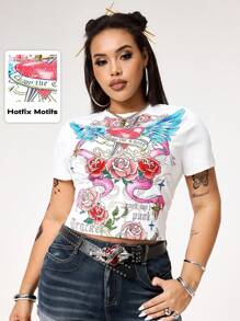 ROMWE Avant Plus Size Y2K Vintage Style Heart Wing Rose Print Bodycon T-Shirt - White - View 1