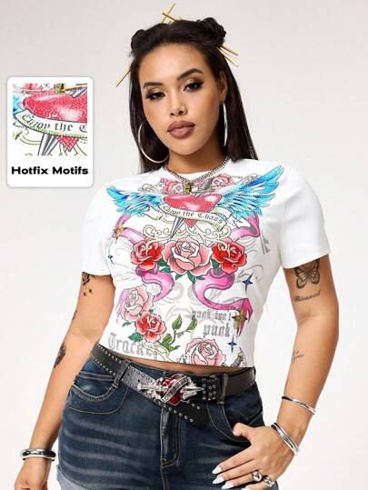 ROMWE Avant Plus Size Y2K Vintage Style Heart Wing Rose Print Bodycon T-Shirt