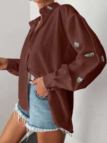 EURMUSE Baumwoll Blumen Stickerei Oversized Hemd