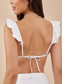 WESTFADE Top de bikini triangular con escote en V, mangas acampanadas, volantes con calados, lazo en la espalda, diseño floral para vacaciones de verano y el 4 de julio en la playa - Blanco - Ver 3