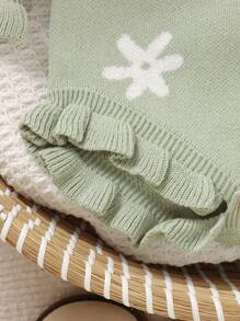 Baby Girls Sweet Princess Style Green Floral Jacquard + Ruffled Round Neck Long Sleeve Bodysuit Fall Winter - Green - View 5