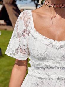 LanaWest Women's Summer White Western Elegant Lace Sweetheart Shirred Frill Embroidered Tiered A-Line Short Dress - White - View 5