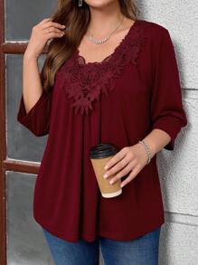 EMERY ROSE Áo kiểu dáng cỡ lớn màu đỏ Angora viền ren, tay lửng, tay ngắn, phong cách boho, thích hợp mặc hàng ngày, thanh lịch, mùa hè, công sở, mùa xuân, mùa thu, đi chơi, họa tiết hoa/kỳ nghỉ. - Màu Đỏ Sâu - Xem 4