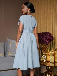 Lunelith SHEIN Lunessa Round Neck Pleated Petal Sleeve Belt Decor A-Line Commute Elegant Ladies Dress