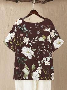 Linhara Blusa informal cómoda con cuello redondo, manga corta y decoración de botones, con estampado floral para mujeres talla plus - Multicolor - Ver 2