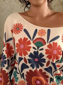 Travachic 大码女式休闲热带花卉印花露肩宽松长袖运动衫，适合夏季、秋季和冬季