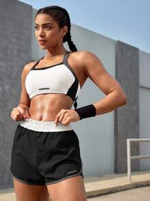 Powerista Conjunto deportivo de top corto de tirantes con estampado de letras y contraste de color, y shorts para mujer