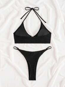 SHEIN Bộ bikini gợi cảm buộc dây màu trơn đi biển mùa hè cho nữ, có trang trí sao biển bằng kim loại - màu đen - Xem 2