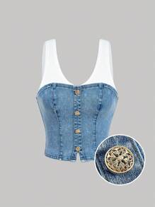 SHEIN MOD 女士休闲无袖牛仔上衣，夏季简约时尚，二合一牛仔紧身抹胸，狂欢，女士办公室着装，Y2k 上衣，辣妹上衣，夏季，女士紧身胸衣上衣，女士露脐上衣，女士外出上衣，生日，Y2k 上衣，蓝色抹胸，街头服饰上衣，老钱风格女士，度假上衣